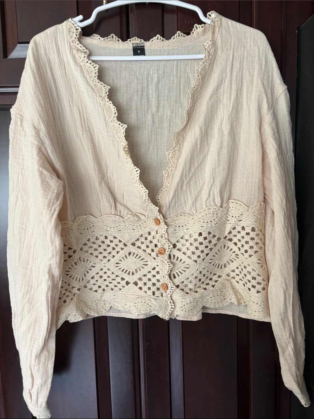 Crochet-Trim Button Front Cream Women's Top